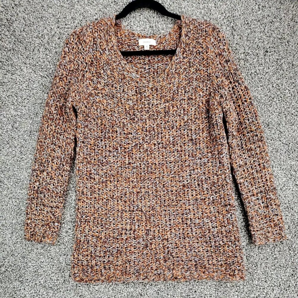 freeway Orange Tan Brown V-Neck Pullover Knit Sweater Women's Size Medium